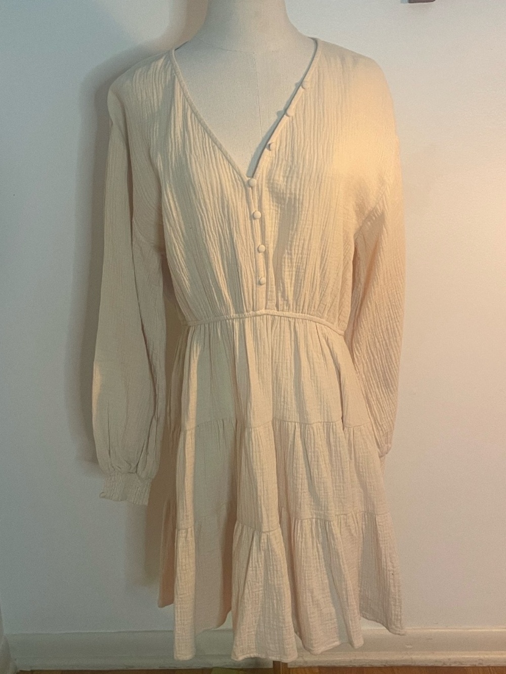 Wishlist  BOHO Cream Cotton Crinkle Gauze TieredMini Dress NWT Size Large